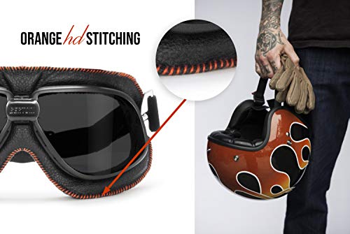 Bertoni Vintage Motorcycle Goggles Dark Lenses Black Leather W Orange Stitching Italy Af196A Motorbike Aviator Goggles #TOP5