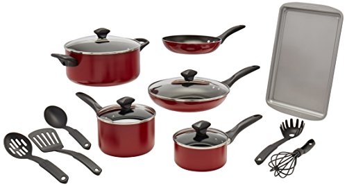 Farberware 21807 Dishwasher Safe Nonstick Cookware Pots and Pans Set, 15 Piece, Red