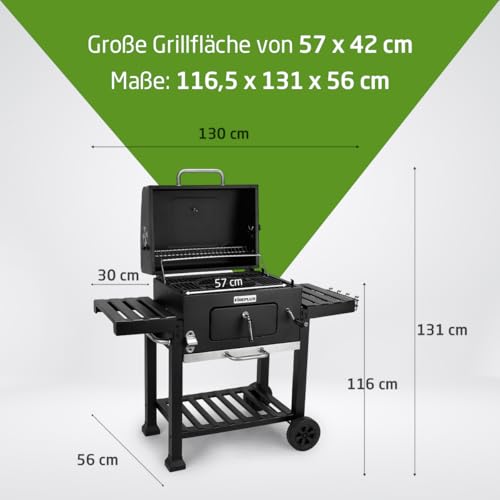 Amig - Holzkohlegrill- Fireplus Tragbarer Barbacue - Grill mit Rädern und Seitenablagen - Belüftungssystem und Aschebehälter - Stahlgrill 57 x 42 cm - Maße: 116-5 x 13-1 x 56 cm