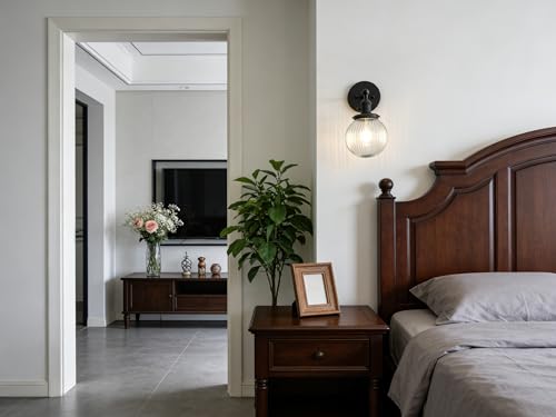 Image of PERMO Vintage Industrial Wall Sconce Matte Black Single Wall Sconces with 5.9 inch Round Clear Globe Ribbed Glass Shade Hardwired Wall Light for Bedroom Livingroom Office