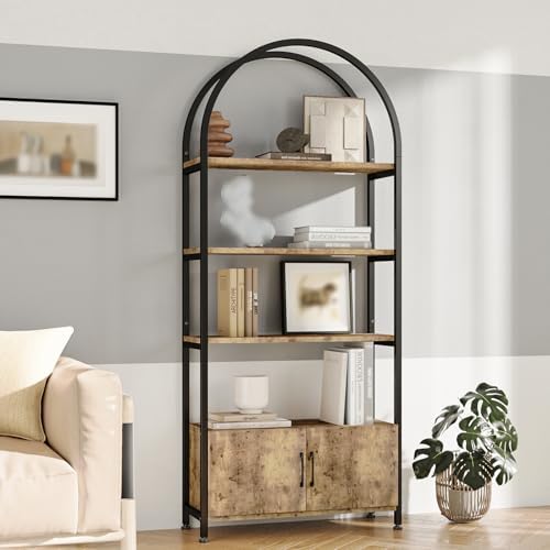 Arched Bookshelf, Bookcase with Doors Storage, 71.5" 4-Tier Tall Bookcase with Sturdy Metal Frame, Freestanding Display Shelving Unit for Living Room, Home Office Brown Black Frame