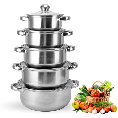 Hominas 5 Piezas Ollas Acero Inoxidable, Multifunción Juego De Ollas Y Sartenes Con 4 Tapas De Cocción Vapor Para Cocinar Adecuado Todas Las Estufas Bateria De Cocina Sartén Cacerola