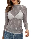 COOUFE Women's Long Sleeve Mesh Tops See Through Sheer Tee Shirts Mock Neck Floral Embroidery Tops for Layering Gray XL
