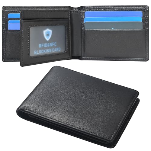 Genuine Leather Mens Wallet, RFID Blocking Bifold Wallet for Men with ID Window, 11 Credit Card Slots (Black)