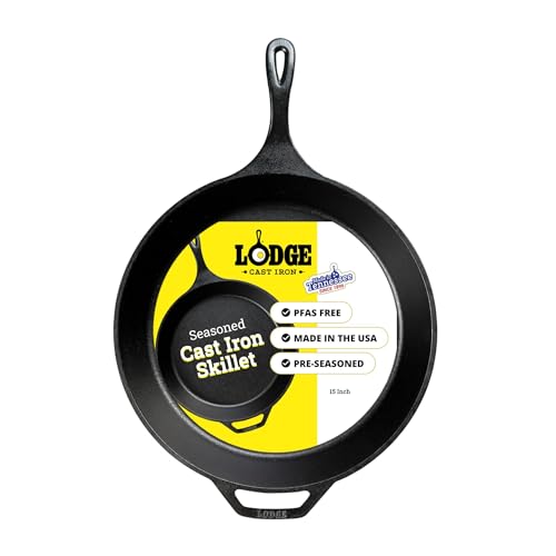 Lodge Seasoned Cast Iron Skillet - Frying Pan for the Stove, Grill or Campfire - Cooks Evenly - Features Easy-Grip Teardrop Handle - Non-Toxic, Nonstick & Long-Lasting - 15 Inches
