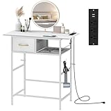 NANANARDOSO Makeup Desk with Charging Station, Small Vanity Table with Drawer & Metal Hook for Bedroom, Dorm Room, Writing Desk No Mirror, Compact Storage Organizer, White.