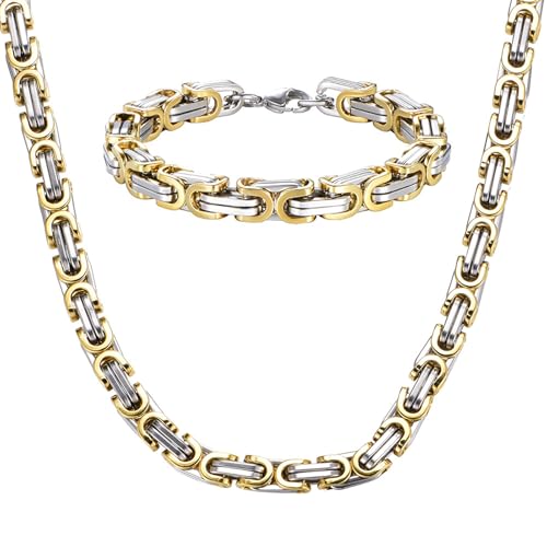Caimeytie Ensemble collier et bracelet pour homme, collier en acier inoxydable, largeur de la chaîne : 6 mm, fait à la main, couleurs or et acier, Acier...