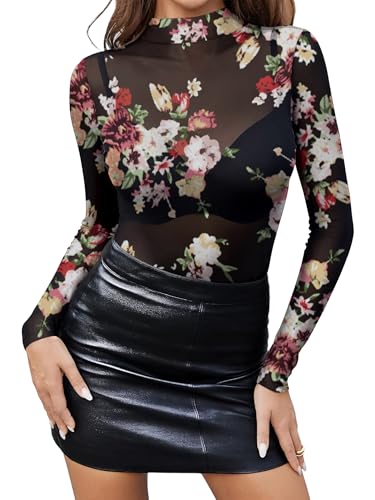 Womens Mesh Sheer Tops Long Sleeve Mock Neck Sexy See Through Shirts Floral Blouses Y2k Layering Top