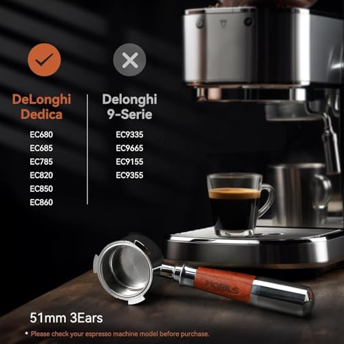 51mm Bottomless Portafilter For Delonghi Dedica EC680 and EC685 Machines, 3 Ears Espresso Portafilter with Puck Screen, Double Shot Filter Basket & Premium Walnutwood Handle - Thumbnail 2
