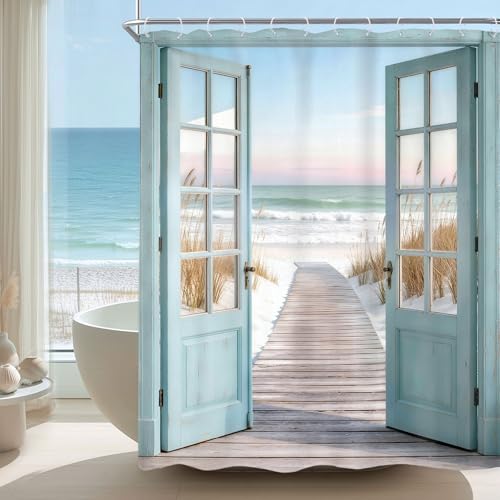 Image of Riyidecor Blue Beach Shower Curtain 60Wx72H Inch Rustic Summer Barn Door Ocean Coastal Seaside Scenery Country Teal Wood Hawaii Sea Path Retro Bathroom Decor Fabric Polyester Waterproof 12 Pack Hooks