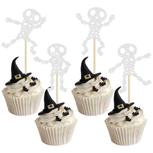Gyufise 24pcs Halloween Skull Cupcake Toppers - Happy Halloween Theme Cupcake Picks for Boy Girl Skull Birthday Party Decorations - White