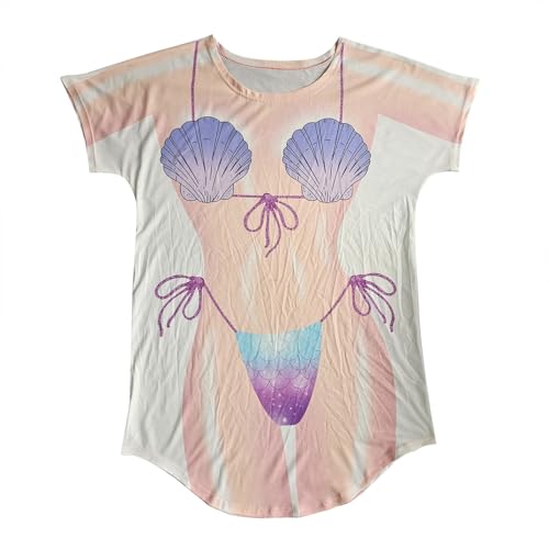 Pareo Mujer Corto Bikini Cover Up Vestido Manga Corta Estampado Camiseta Suelta Camisón Pareo Azul Puntos, morado, L