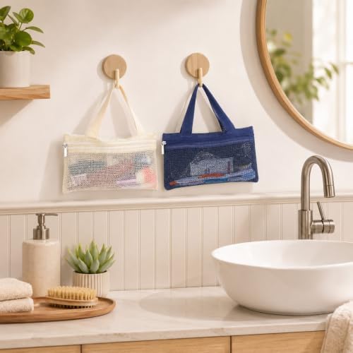 FAIRY CORA 2 Pcs Travel Toothbrush Bags, Portable Mesh Storage Pouches with Zipper for Men and Women, White and Navy — view 4