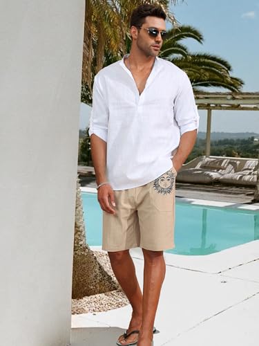 Litthing Pantaloncini da Uomo in Lino Estivi Pantaloni Corti Spiaggia Leggeri e Ariosi in Cotone Pantaloncine con Tasche e Coulisse