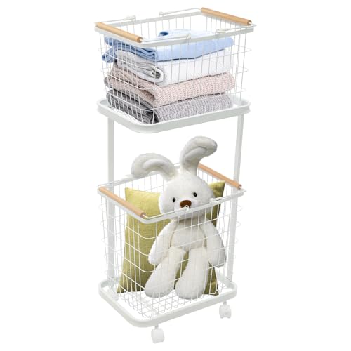 LyeXD 2 Tier Laundry Basket, Metal Laundry Cart with 2