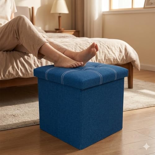 Image of HROY Folding Storage Ottoman, Fabric Linen Footrest Stool for Laundry, Storage Space, End of Bed Seat, Toys Storage Organizer Bin Box with Lidded Cover(38cm x 38cm x 38cm) (Blue, Square)