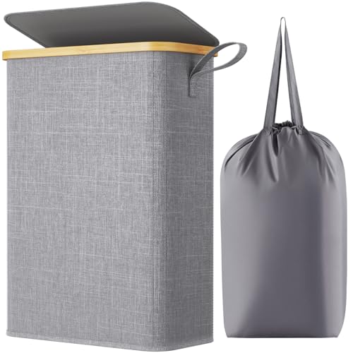 Lifewit 50L Slim Laundry Basket with Lid, Narrow Laundry Bin with Removable Bag & Bamboo Handles, Foldable Thin Dirty Clothes Hamper for Laundry, Bathroom, Bedroom, Dorm (Grey)