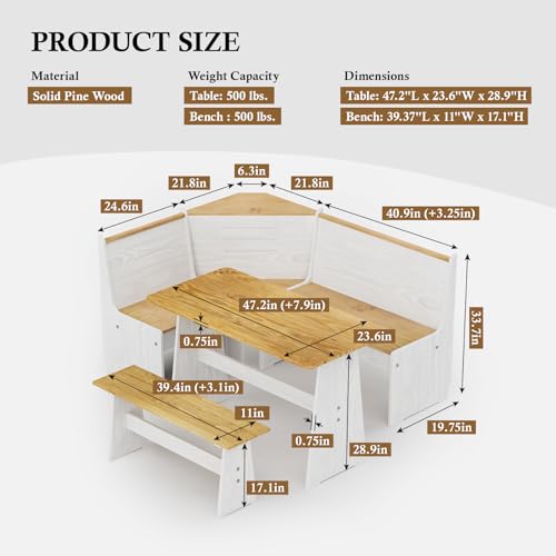 GAINUO Breakfast Nook Dining Table Set – L-Shaped Kitchen Nook Booth with Bench Seating, Farmhouse Banquette Corner Dining Table for Small Spaces, White Wood Dining Furniture