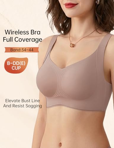 REALWILL Supportive Bras for Women, Wireless Full Coverage Compression Jelly Bra Latte — view 2