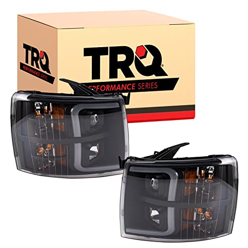 Image of TRQ 2 Piece Headlight Assembly Set Performance Halogen LED C Light Bar Black Bezel Driver & Passenger Side Compatible with Chevrolet Chevy Silverado 1500 2007-2013 2500 HD 3500 HD 2007-2014
