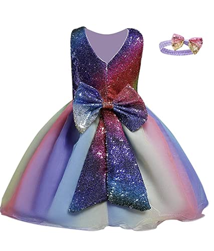 Yalla Baby Kids Dress For Girls Rainbow Sequins Tulle Gown With Bow Knot & Headband Princess Birthday Party Wedding Tutu Dress (90, Purple)