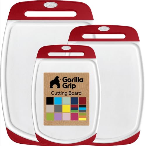 Image of GORILLA GRIP BPA-Free Reversible Kitchen Cutting Board Set of 3, US Designed, Nonporous, Juice Grooves Catch Liquid, Slip Resistant Border, Dishwasher Safe, Durable Large Food Chopping Boards, Red