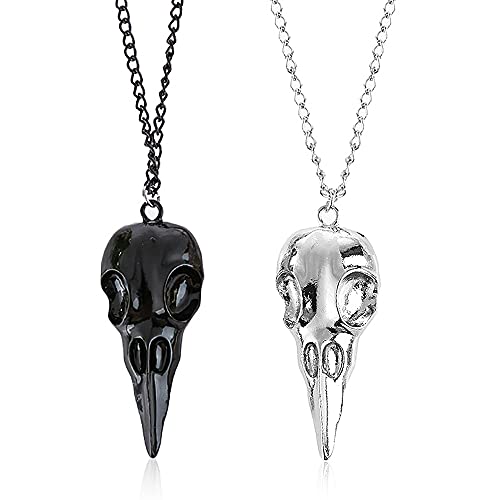 YOOESTORES82 2PCS Punk Metal Crow Skull Necklace. Hip Hop 3D Animal Bird Skull Pendant Necklace Set, Men Women Vintage Gothic Halloween Jewelry (Black+Silver)
