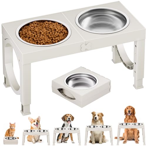Elevated Dog Bowls for Medium Large Breed Dogs, 4 Height Adjustable Dog Raised Bowls Stand to 9.09", 10.63", 12.20", 13.78", 2 Thick Stainless Steel Dog Food Water Bowls, No Slip Dog Feeder, White
