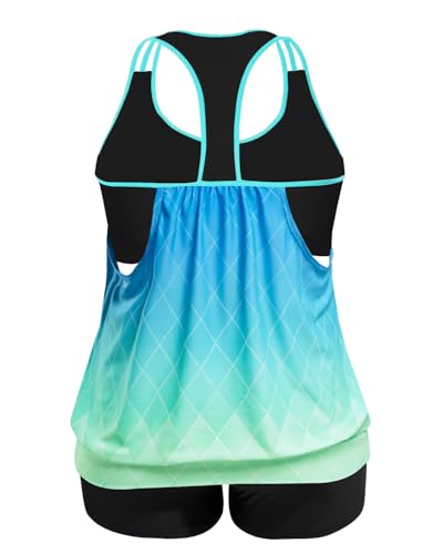 Image of Womens Plus Size Tankini Swimsuit Two Piece Tummy Control Bathing Suit | Blouson Racerback Tankini Top with Shorts, Double Up Design, Removable Pad