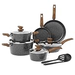 Kitchen Academy - Set di pentole e padelle con coperchio antiaderente, 12 pezzi, per induzione, fornelli a gas e microonde, colore: Nero