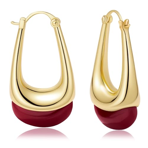 Acrylic Gold Hoop Earrings Chunky Statement Dangle Drop Huggie Leverback Earring Boho Vintage Colorful Resin Jewelry for Women(Burgundy)