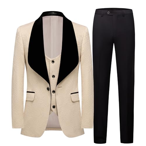 GHNXCY Men’s Suits Slim Fit 3 Piece One Button Tuxedo Suit Set Wedding Prom Dinner Party（Blazer+Vest+Pants） (US, Alpha, X-Small, Regular, Regular, Khaki)