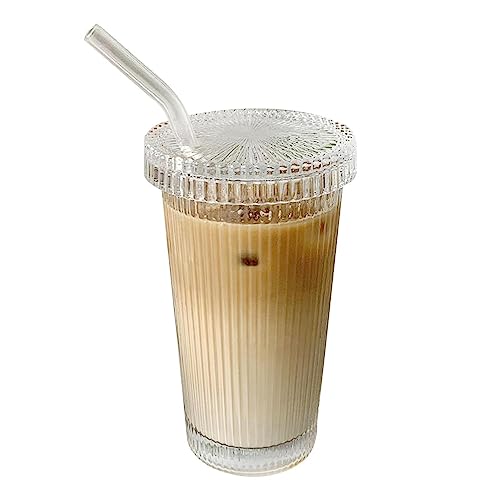 Taza de té de burbujas con tapa y pajitas | 375 ml de cristal rayas de cristal | vasos acanalados para smoothie | vasos de café helado vasos de agua para té, limonada, cerveza, cócteles