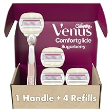 Gillette Venus ComfortGlide plus Olay Sugarberry Womens Razor, Rose Gold Metal Handle + 4 Blade Refills, 5-Blade Razor Cartridges, Moisture Bars