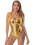 winying Damen Sexy Wetlook Body Unterwäsche Tiefer V-Ausschnitt Oberteile Tops Ärmellos Sommer Overalls Jumpsuit mit Zipper Erotische Dessous Gogo Tanz Kleidung Outfits Gold O Einheitsgröße