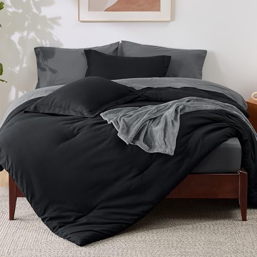 Image of Bedsure Twin Comforter Set Black, 6 Pieces Prewashed Twin Size Bed in a Bag with Soft Fleece Bed Blanket, Down Alternative Bedding Set for All Seasons, Sheets, Pillowcase & Sham