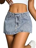 IWD Denim Mini Skirt for Women Low Waisted Jean Micro Skort with Shorts Stretch Casual Jean Skirt Gray Blue Small