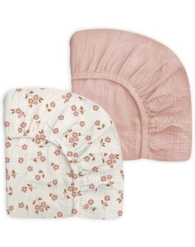 Image of Mini Crib Sheets for Baby Boy Girl 2 Pack, Neutral Mini Crib Mattress Sheet 24" x 38", Muslin Nursery Bedding Soft and Breathable Comfort (Floral & Pink)