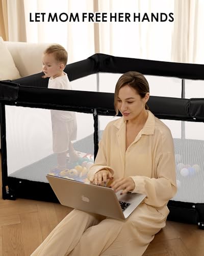 Image of Veraste Foldable Baby Playpen, 51 inchx51 inch Indoor & Outdoor Play Yard with Single-Joint Frame, Breathable Mesh, Non-Slip Base, Portable Playpen for Toddlers and Infants (Black)