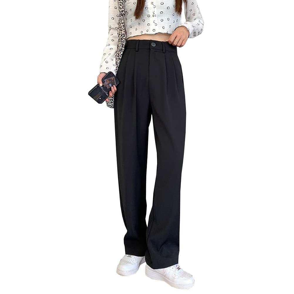 Work Pants for Women High Waisted Wide Leg Elegant Pleated Solid Color Long Office Trousers with Pockets