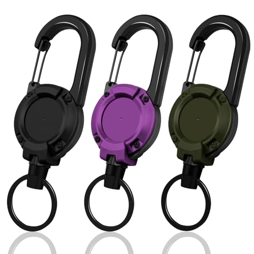 Schlüsselanhänger Ausziehbar 3 Stücke Schlüsselband Ausziehbar Ausweis JoJo Einziehbarer Schlüsselanhänger mit 60cm Stahldrahtseil, Ausweishalter Ausziehbar mit Karabiner (Schwarz + Dunkelgrün + Lila)