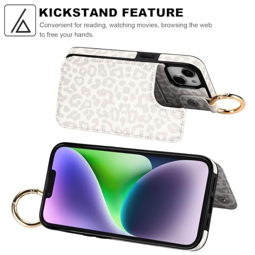 Image of HAOPINSH for iPhone 13 iPhone 14 Wallet Case with Card Holder, White Leopard Cheetah Print Back Flip Folio PU Leather Kickstand Card Slots Case, Finger Grip Ring Double Magnetic Shockproof 6.1 inch