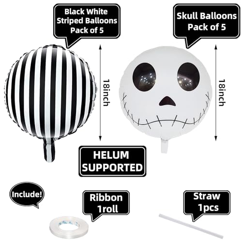 Image of Halloween Balloons Decorations 18 Inch Skull Black and White Striped Mylar Foil Balloon Skeleton Balloons for Halloween Birthday Spooky Baby Shower Party Decoration
