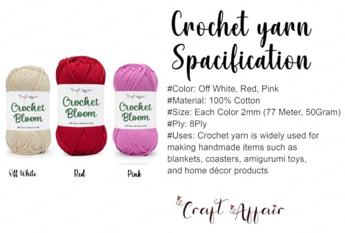 Image of Craft Affair | Crochet Bloom Cotton Yarn 8ply (Each Color 2mm, 77Meter, 50Gram) 100% Pure Cotton | for Knitting Yarn | Craft & DIY Project: Off White, Red, Pink