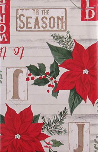 Happy Holiday Joy To The World Poinsettias And Holly Vinyl Flannel Back Tablecloth (52" X 90" Oblong) #TOP1