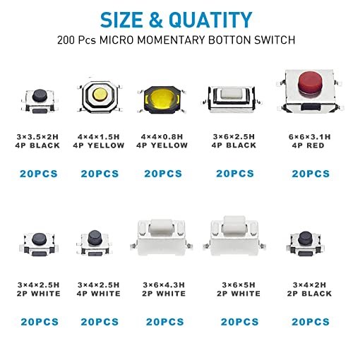 Qtetak 200 Pcs 10 Value Micro Momentary Tactile Push Button Switch Tact Assortment Kit #TOP1