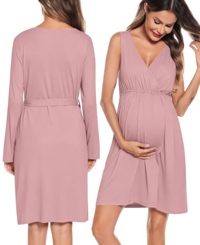 Image of SWOMOG Women Maternity Nursing Gown and Robe Set 3 in 1 Labor Delivery Nursing Nightgown for Breastfeeding Hospital Bathrobe