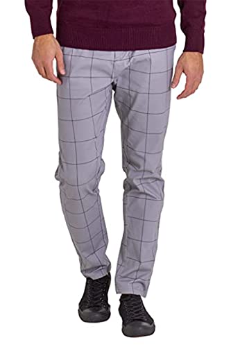 Image of westAce Men's Formal Cheque Trousers Boys Slim-Fit Casual Cotton Vintage Smart Office Pants with Mid-Waist and Stretch Fabric (Grey, 32W x 30L)