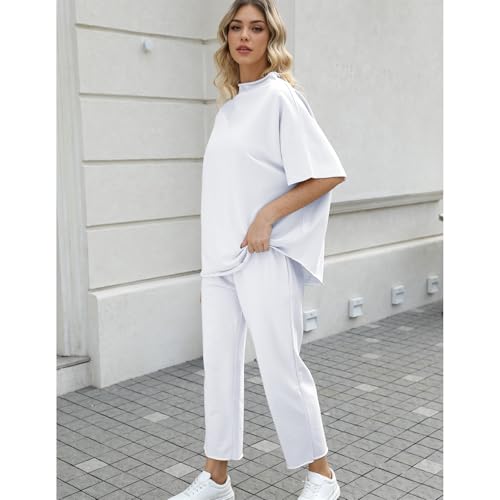 Image of SeeLuNa Women's Two Piece Outfits 3 /4 Batwing Sleeve Capelet Crew Neck Pullover Top Wide Leg Pants Lounge Set