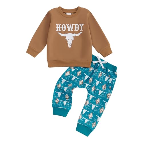 Image of Western Toddler Baby Boy Clothes It's Alright To Be Little Bitty Sweatshirt Cowboy Hat Print Pants Set Country Outfit (Blue, 6-12 Months)